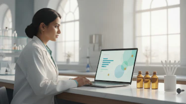 A scientist in a lab coat reviews charts on a laptop beside amber bottles of fragrance ingredients and perfume testing blotters (AI-generated image)